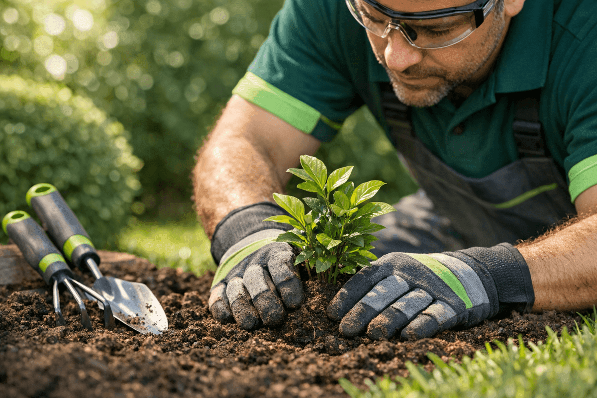 Close-up of gloved hands planting a young shrub in soil with gardening tools nearby.